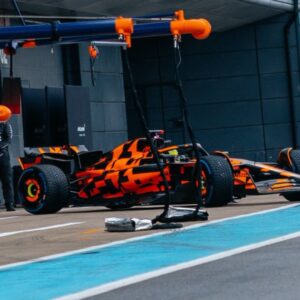 McLaren's 2025 car MCL39 heading out of the pits at Silverstone