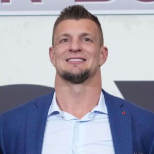 Feb 6, 2025; New Orleans, LA, USA; Michael Strahan (left), Rob Gronkowski (center) and Julian Edelman during Fox Sports media day at Ernest N. Morial Convention Center.