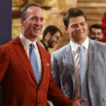 Former NFL quarterback Peyton Manning interviews NFL prospect Drake Maye, a quarterback who played at North Carolina, as he walks the red carpet for NFL draft day at the Fox Theatre in Detroit on Thursday, April 25, 2024.