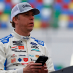 Feb 14, 2025; Daytona Beach, Florida, USA; NASCAR Cup Series driver Brad Keselowski (6) during practice for the Daytona 500 at Daytona International Speedway. Mandatory Credit: Peter Casey-Imagn Images