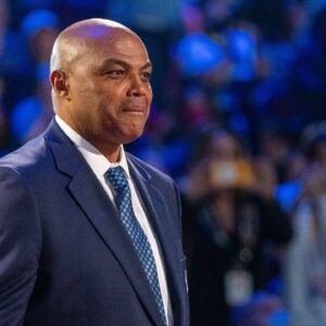 NBA great Charles Barkley is honored for being selected to the NBA 75th Anniversary Team during halftime in the 2022 NBA All-Star Game at Rocket Mortgage FieldHouse