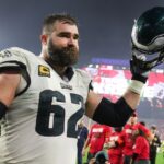 Philadelphia Eagles center Jason Kelce (62) thanks the fans as he leaves the field after a 2024 NFC wild card game against the Tampa Bay Buccaneers at Raymond James Stadium.