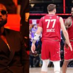 Dwyane Wade (L), LeBron James and Luka Doncic (R)