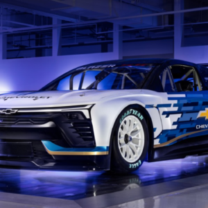 Front three-quarters view of Chevrolet's NASCAR EV prototype, the Blazer EV.R.