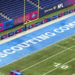 Feb 28, 2024; Indianapolis, IN, USA; The 2024 NFL Scouting Combine logo in the end zone at Lucas Oil Stadium.