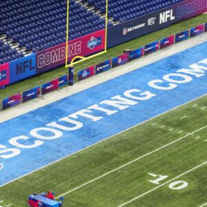 Feb 28, 2024; Indianapolis, IN, USA; The 2024 NFL Scouting Combine logo in the end zone at Lucas Oil Stadium.