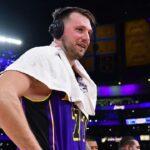 Los Angeles Lakers guard Luka Doncic (77) speaks to the media after the game against the Dallas Mavericks reacts at Crypto.com Arena.
