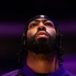 Los Angeles Lakers forward Anthony Davis stands for the anthem before action against the Philadelphia 76ers at Wells Fargo Center.