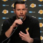 Los Angeles Lakers head coach JJ Redick talks to media members after defeating the Golden State Warriors at Chase Center.