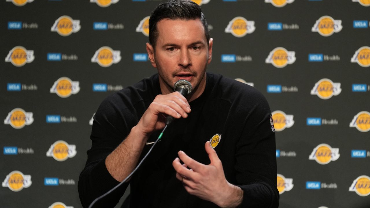 Los Angeles Lakers head coach JJ Redick talks to media members after defeating the Golden State Warriors at Chase Center.