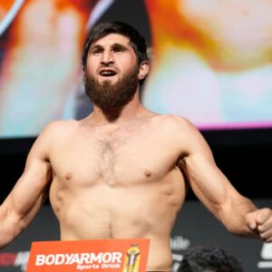 Magomed Ankalaev steps on the scale for the ceremonial weigh-in at MGM Grand Garden Arena for UFC 282