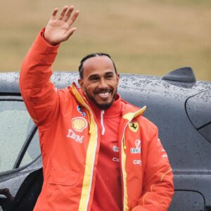 Lewis Hamilton drives on track during the first day of testing as a Scuderia Ferrari F1 driver at the Fiorano Circuit