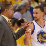 Golden State Warriors head coach Mark Jackson (left) talks to guard Stephen Curry (30) against the Los Angeles Clippers during the fourth quarter in game six of the first round of the 2014 NBA Playoffs at Oracle Arena. The Warriors defeated the Clippers 100-99