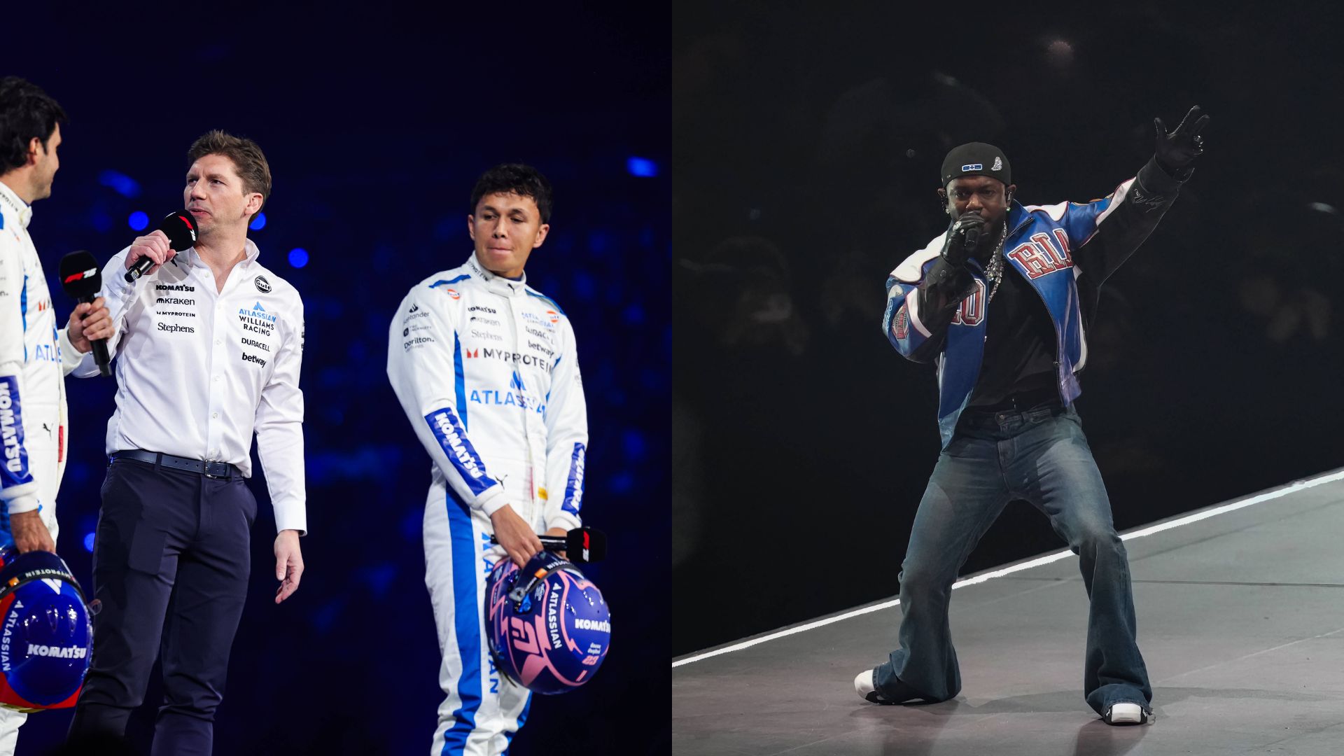 Carlos Sainz, James Vowles, Alex Albon, and Kendrick Lamar