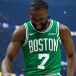 Boston Celtics guard Jaylen Brown (7) reacts in the first quarter against the Cleveland Cavaliers at Rocket Mortgage FieldHouse.