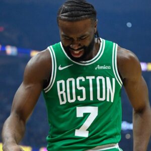 Boston Celtics guard Jaylen Brown (7) reacts in the first quarter against the Cleveland Cavaliers at Rocket Mortgage FieldHouse.