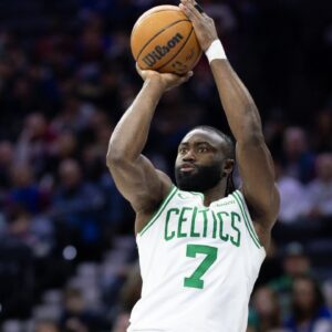 Boston Celtics guard Jaylen Brown (7) shoots the ball against the Philadelphia 76ers during the second quarter at Wells Fargo Center.