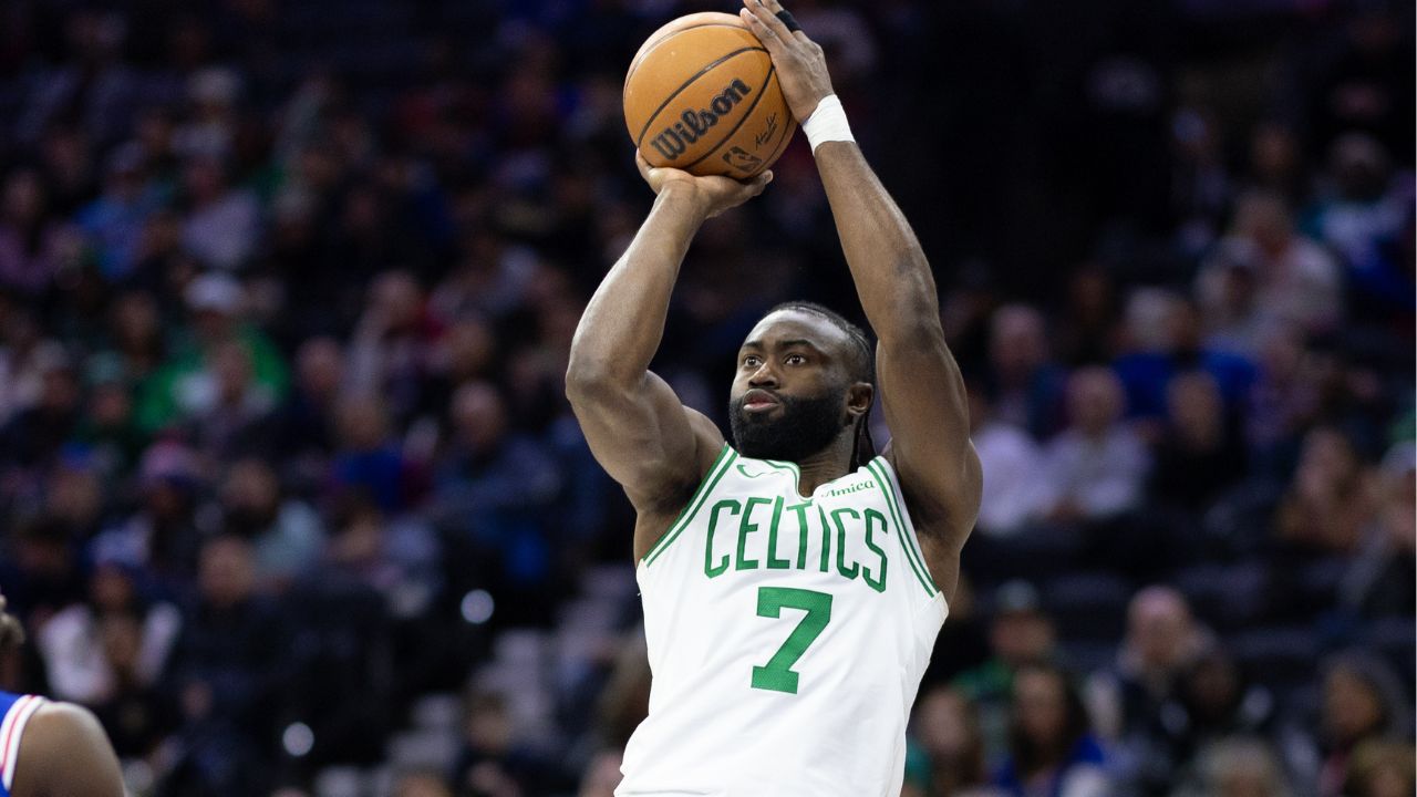 Boston Celtics guard Jaylen Brown (7) shoots the ball against the Philadelphia 76ers during the second quarter at Wells Fargo Center.