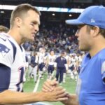 Matthew Stafford, then with the Detroit Lions and Tom Brady, then with the New England Patriots, shake hands after a 2017 game in Detroit.