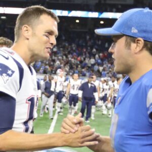 Matthew Stafford, then with the Detroit Lions and Tom Brady, then with the New England Patriots, shake hands after a 2017 game in Detroit.