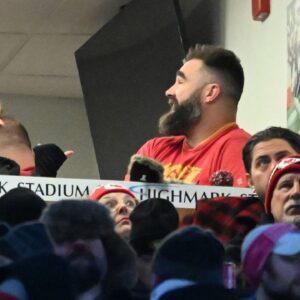 Jason Kelce (right) and Kylie Kelce (left) watch the game from the suites in the first half of the 2024 AFC divisional round game between the Buffalo Bills and the Kansas City Chiefs at Highmark Stadium.