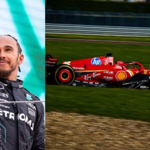 Lewis Hamilton (L) and Ferrari's F1 car at Fiorano (R)