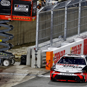 Feb 1, 2025; WInston-Salem, North Carolina, USA; NASCAR Cup Series driver Denny Hamlin (11) during the heat races for the Clash at Bowman Gray at Bowman Gray Stadium. Mandatory Credit: Peter Casey-Imagn Images