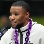 Feb 3, 2025; New Orleans, LA, USA; Philadelphia Eagles running back Saquon Barkley speaks during Super Bowl LIX Opening Night at Ceasars Superdome.