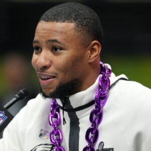 Feb 3, 2025; New Orleans, LA, USA; Philadelphia Eagles running back Saquon Barkley speaks during Super Bowl LIX Opening Night at Ceasars Superdome.