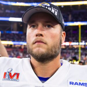 Los Angeles Rams quarterback Matthew Stafford (9) after defeating the Cincinnati Bengals in Super Bowl LVI at SoFi Stadium.