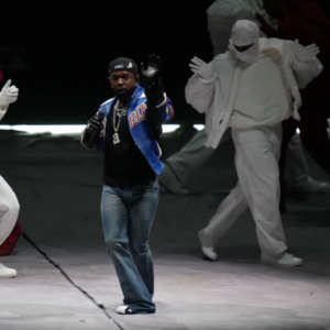 Feb 9, 2025; New Orleans, LA, USA; Recording artist Kendrick Lamar performs during the halftime show of Super Bowl LIX between the Philadelphia Eagles and the Kansas City Chiefs at Ceasars Superdome. Mandatory Credit: Kirby Lee-Imagn Images