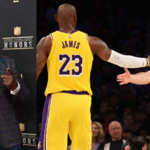 Shannon Sharpe (L), LeBron James and Luka Doncic (R)