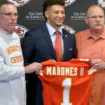 Kansas City Chiefs number 10 pick Patrick Mahomes II (middle), general manager John Dorsey (left) and head coach Andy Reid (right) pose for a photo during the press conference at Stram Theatre.