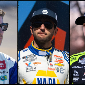 Denny Hamlin (L), Chase Elliott (C) and Ryan Blaney (L). Image Credits: Imagn.