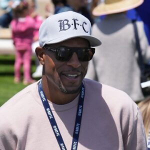 Golden State Warriors former player Andre Iguodala talks to fans during the Bay FC Day for the Bay event at Presidio Main Post Lawn