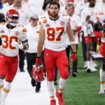 Kansas City Chiefs tight end Travis Kelce (87) walks off the field at the end of the first half of Super Bowl LIX at Caesars Superdome.
