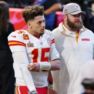 Kansas City Chiefs quarterback Patrick Mahomes (15) walks off the field after losing against the Philadelphia Eagles in Super Bowl LIX at Caesars Superdome.