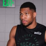 Milwaukee Bucks forward Giannis Antetokounmpo (34) prepares for a game against the Atlanta Hawks at State Farm Arena.