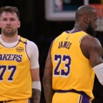 Los Angeles Lakers guard Luka Doncic (77) and forward LeBron James (23) on the court in the first half against the Utah Jazz at Crypto.com Arena