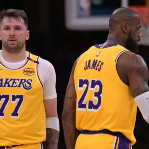 Los Angeles Lakers guard Luka Doncic (77) and forward LeBron James (23) on the court in the first half against the Utah Jazz at Crypto.com Arena