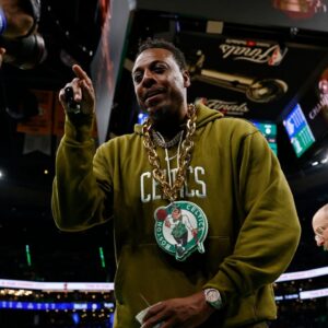 Boston Celtics former player Paul Pierce looks into a video camera on the court before game two of the 2024 NBA Finals between the Boston Celtics and the Dallas Mavericks at TD Garden.