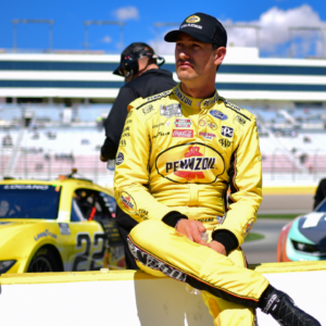 Mar 15, 2025; Las Vegas, Nevada, USA; NASCAR Cup Series driver Joey Logano (22) during qualifying for the Pennzoil 400 at Las Vegas Motor Speedway. Mandatory Credit: Gary A. Vasquez-Imagn Images