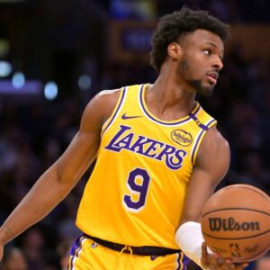 Los Angeles Lakers guard Bronny James (9) inbound the ball in the second half against the Denver Nuggets at Crypto.com Arena.