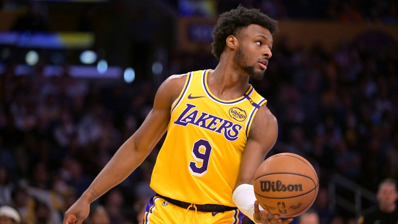 Los Angeles Lakers guard Bronny James (9) inbound the ball in the second half against the Denver Nuggets at Crypto.com Arena.