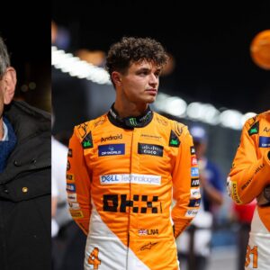 Guenther Steiner (L), Lando Norris and Oscar Piastri (R)