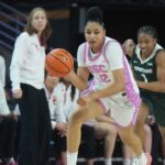 Southern California Trojans guard JuJu Watkins (12) dribbles the ball against Michigan State Spartans guard Jaddan Simmons (1) in the first half at Galen Center