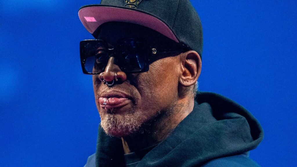February 20, 2022; Cleveland, Ohio, USA; NBA great Dennis Rodman is honored for being selected to the NBA 75th Anniversary Team during halftime in the 2022 NBA All-Star Game at Rocket Mortgage FieldHouse. Mandatory Credit: Kyle Terada-Imagn Images