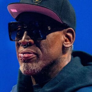 February 20, 2022; Cleveland, Ohio, USA; NBA great Dennis Rodman is honored for being selected to the NBA 75th Anniversary Team during halftime in the 2022 NBA All-Star Game at Rocket Mortgage FieldHouse. Mandatory Credit: Kyle Terada-Imagn Images