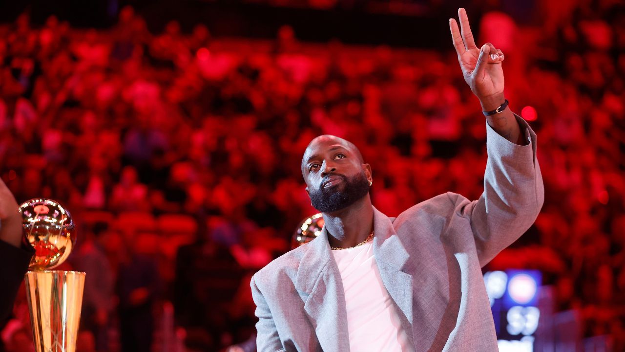 Former Miami Heat guard Dwyane Wade is honored at halftime during the game against the Detroit Pistons at Kaseya Center.