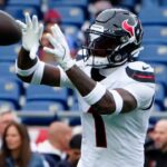 Oct 13, 2024; Foxborough, Massachusetts, USA; Houston Texans wide receiver Stefon Diggs (1) warms up prior to the game against the New England Patriots at Gillette Stadium.